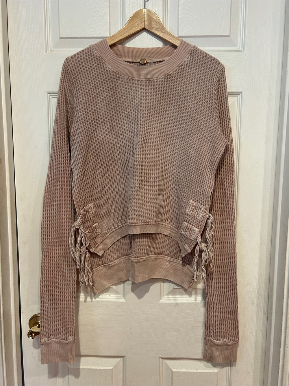 Free People Waffle-Knit Lace-Up Pullover Sweatshirt in Dusty Mauve